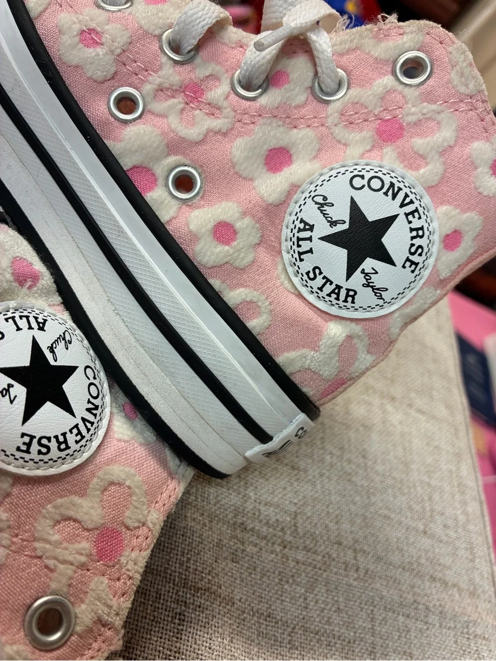 Converse All Star Lift Platform Floral Chenille High Tops in a light pink 🌸